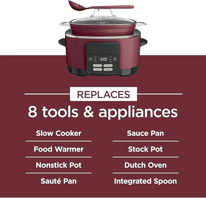Ninja Foodi PossibleCooker PRO MC1000 8.5Qt Multicooker 8 in 1 Slow Cooker,Warmer, Glass Lid, Integrated Spoon, Nonstick (Cherry)