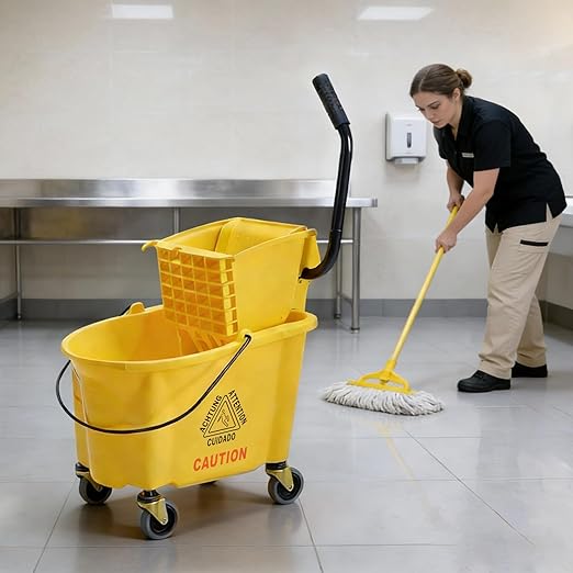 DUMOS 30-Quart Commercial Mop Bucket with Side-Press Wringer, Heavy-Duty Floor Cleaning System, Durable Wringer & Non-Marking Casters, Yellow