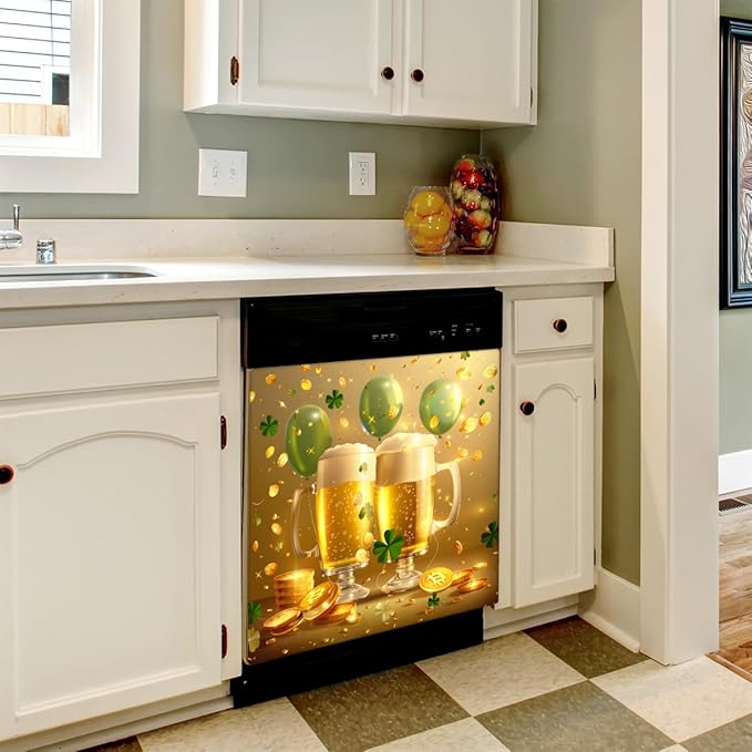 Beer Balloon Gold Coin Clover Dishwasher Magnet Cover, Reusable Refrigerator Panel Stickers Microwave Front Door Covers Magnets for Kitchen Home Appliances Holiday Party Decorations 23 X 26 in