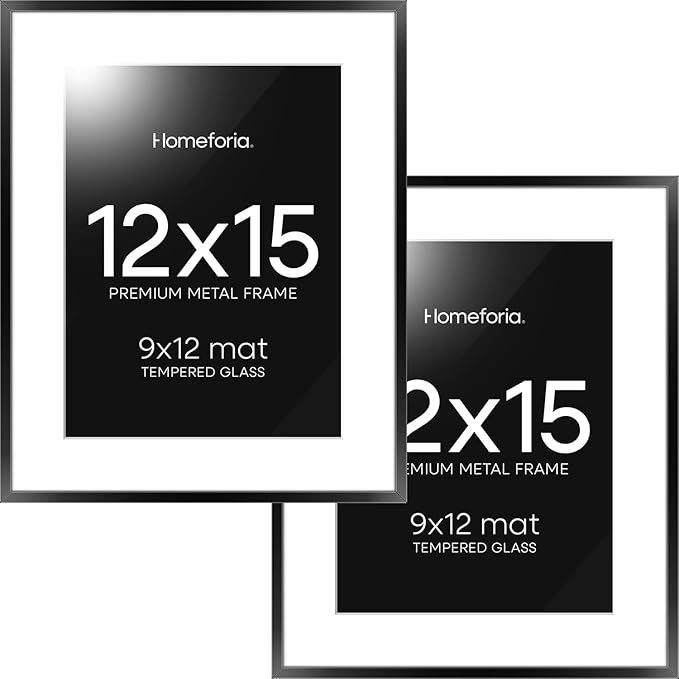 Homeforia 12x15 Picture Frame Black, High End Metal 12x15 Poster Frames with Mat 9x12 for Photo, 12 x 15 Black Frame Matted to 9 by 12 inch Print, 15x12 Thin Frames, Tempered Glass, Wall Kit, Set of 2