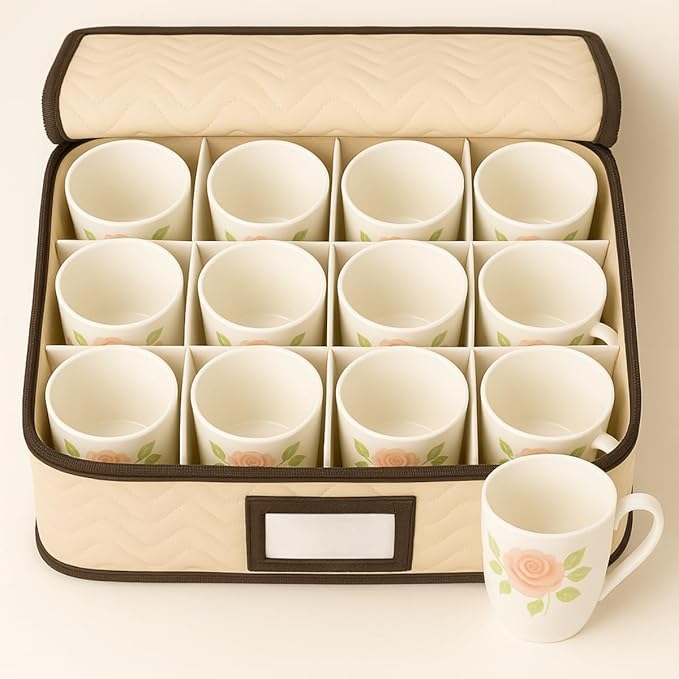 Mugs Storage Container - Quilted Microfiber China Organizer Box with Dividers , Protects & Organizes Up to 12 Mugs - Ideal for Seasonal Dishware Protection