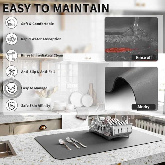 Dish Drying Mat for Kitchen Counter, Heat Resistant Drainer Mats with Non-slip Rubber Backed, Hide Stain Kitchen Super Absorbent Draining Mat, Easy to Clean Dish Rack Pad, Dark Grey 16"x20"