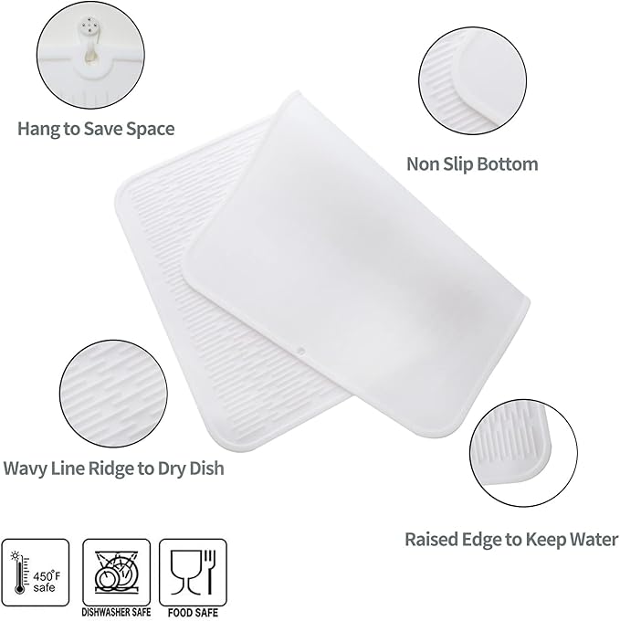 Silicone Dish Drying Mat for Multiple Usage,Easy clean,Eco-friendly,Heat-resistant Silicone Mat for Kitchen Counter or Sink,Refrigerator or Drawer Liner White 4XL 32 inches x 18 inches