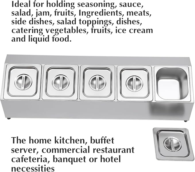 Pizza Toppings Station Storage Condiment Organizer Divider Food Container with 5 Pans & Lids, Stainless Steel Kitchen Condiment Divider Pizza Prep Ingredients Holder, Grill Table Serving Tray