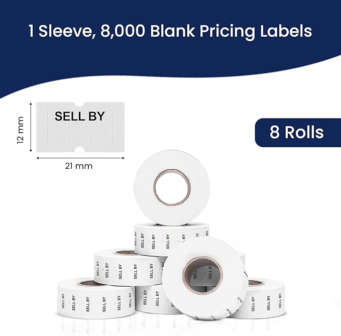Perco 1 Line Sell by Labels - 8 Rolls, 1 Sleeve, 8,000 Blank Date Gun Labels for Perco Lite, X, Plus and Pro 1 Line Date Guns - Made in USA