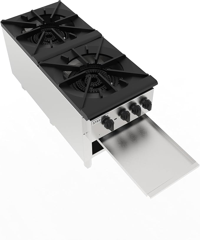 2 Burner Commercial Stock Pot Range with Storage Cabinet, Heavy Duty Gas Stove with 4 Cast Iron Burners, 180000 BTU, Stainless Steel Body, Natural Gas/Propane, 3/4" NPT