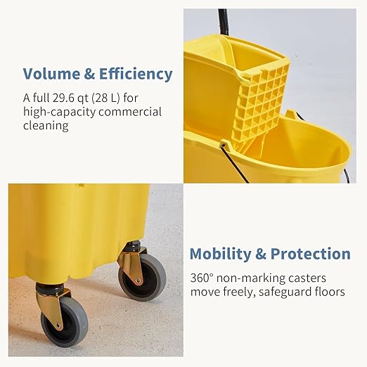 DUMOS 30-Quart Commercial Mop Bucket with Side-Press Wringer, Heavy-Duty Floor Cleaning System, Durable Wringer & Non-Marking Casters, Yellow