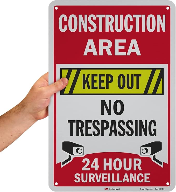 SmartSign 18 x 12 inch “Construction Area - Keep Out, No Trespassing, 24 Hour Surveillance” Metal Sign, 63 mil Aluminum, 3M Laminated Engineer Grade Reflective Material, Multicolor