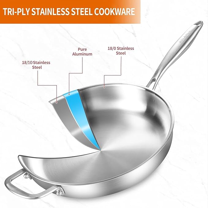 DELARLO 2-Piece Stainless Steel Pan 12-inch & 14-Inch, Frying Pan with Lid, Heavy Duty, Compatible with Induction, Electric up to 650℉, Fast & Even Heating, Durable, Dishwasher, Oven Safe Skillet