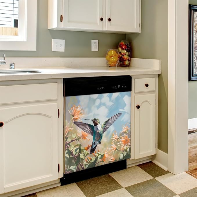 Dishwasher Magnet Cover Flower Hummingbird Refrigerator Covers Magnetic Sheet Sticker Farmhouse Kitchen Decorative Home Cabinet Decals Appliances Stickers, 23x26 inch