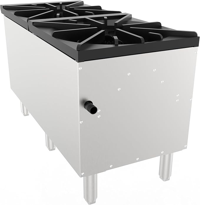 2 Burner Commercial Stock Pot Range with Storage Cabinet, Heavy Duty Gas Stove with 4 Cast Iron Burners, 180000 BTU, Stainless Steel Body, Natural Gas/Propane, 3/4" NPT