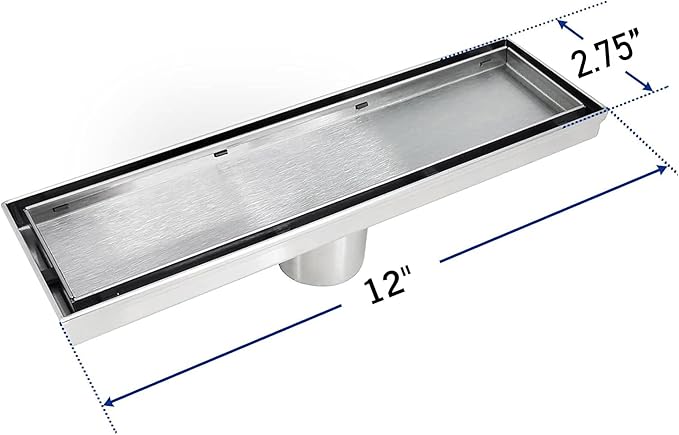Linear Shower Drain 12", Brushed Floor Drain with Tiled Insert Grate & Hair Strainer, 304 Stainless Steel Bathroom 2-in-1 Tiled in Drain, CUPC Certified (Brushed, 12'')