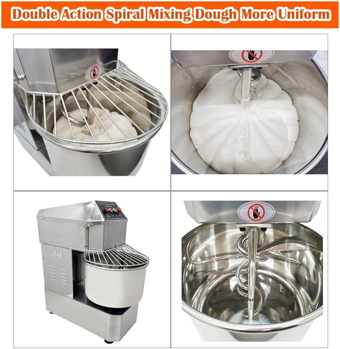 Commercial Dough Mixer Double Action Double Speed Stand Dough Mixer Machine Heavy-Duty Spiral Food Mixer Stainless Steel Pizza Bread Flour Kneading Blender 30L for Bakeries Pizzerias