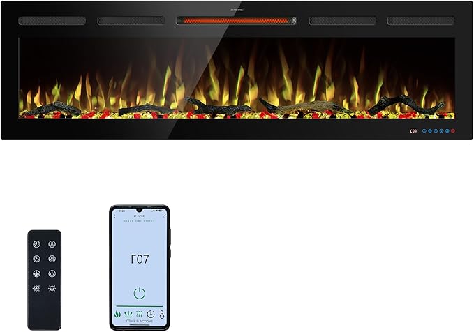 60" WiFi Electric Fireplace Inserts, Recessed and Wall Mounted Fireplace Heater W/Adjustable Flame Color & Brightness, Thermostat, 9H Timer, App and Remote Control, Low Noise, 750/1500W
