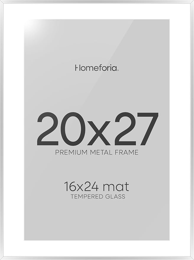 Homeforia 20x27 Picture Frame Silver, High End Metal 20x27 Frames with Mat 16x24 for Photo, 20 x 27 Silver Poster Frame Matted to 16 x 24 Print, 27x20 Hanging Frame, Tempered Glass, Wall Kit, Set of 1