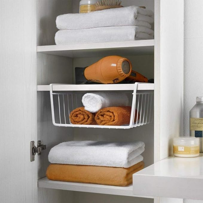 Modern Home Under Shelf Wire Storage Baskets – Hanging Organizer Rack for Cabinet, Pantry, or Closet – White Metal Basket for Kitchen, Towels, or Office – No Tools Required (Set of 4 11")