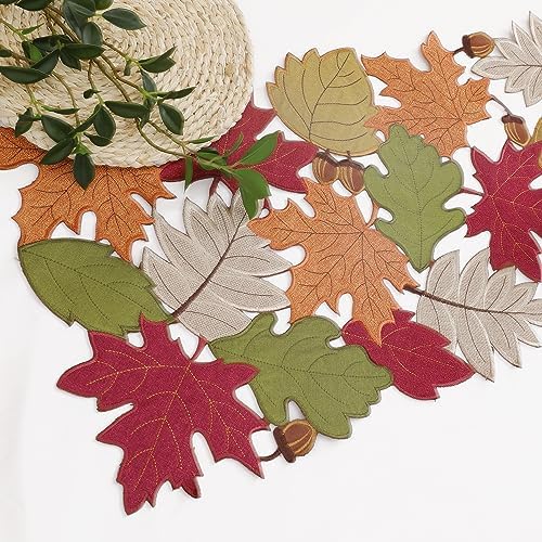 OWENIE Fall Table Runner, Fall Decor for Home, Thanksgiving Table Runner 70 Inches Long, Embroidered Fall Leaves Harvest Maple Leaf Decoration for Autumn, Applique Dresser Scarf