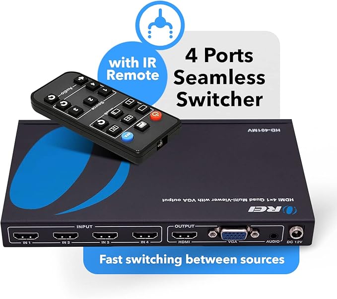 OREI HDMI Switcher 4 in 1 Out with Quad Screen Multiviewer - Supports 1080p, DTS/Dolby Audio, IR Remote Control, Seamless Switching, Compatible with HDMI Devices