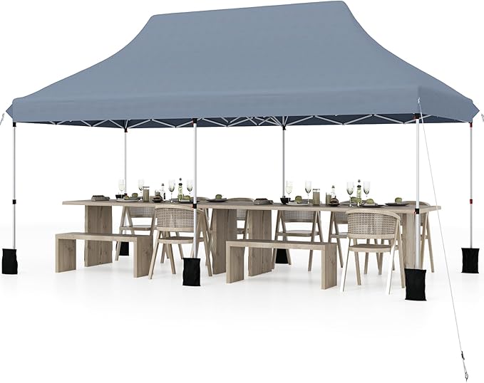 Tangkula 10x20 Ft Pop Up Canopy, Instant Setup Tent with 6 Sandbags, 12 Stakes & 6 Ropes, UPF 50+ Portable Outdoor Canopy Tent with Carrying Bag for Camp, Beach, Patio (Gray)