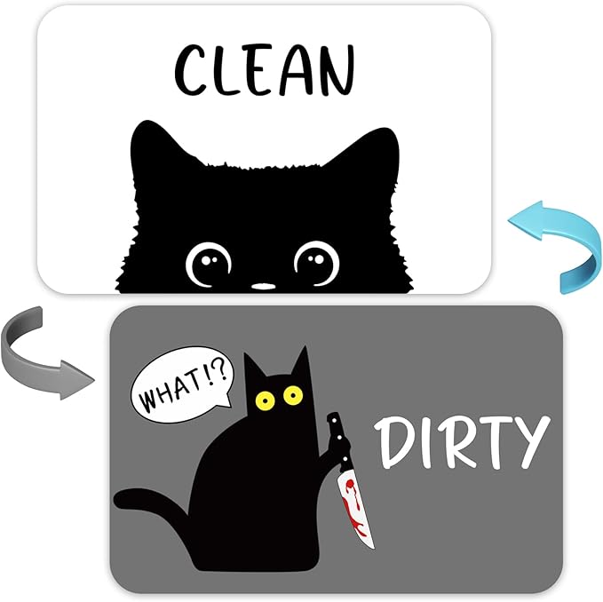 Funny Black Cat Cartoon Clean Dirty Dishwasher Magnet, Washing Machine Magnets Flip, Cute Cat Refrigerator Clean Dirty Sign, Double Sided Reversible Non Scratch Dish Washer Magnet Sign (White&Gray)