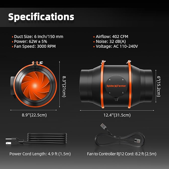 Spider Farmer 6 Inch Smart Inline Duct Fan with GGS Temperature Humidity Controller, Integrated App Control, 402 CFM Ventilation Exhaust Fan for Heating Cooling Booster, Grow Tents, Hydroponics