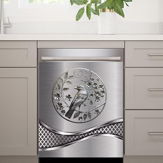 Stainless Steel Design Bird Wallpaper Dishwasher Magnet Cover Sticker,Refrigerator Magnet Cover Decal Fridge Microwave Stickers Kitchen Decor,23 x 17 Inch