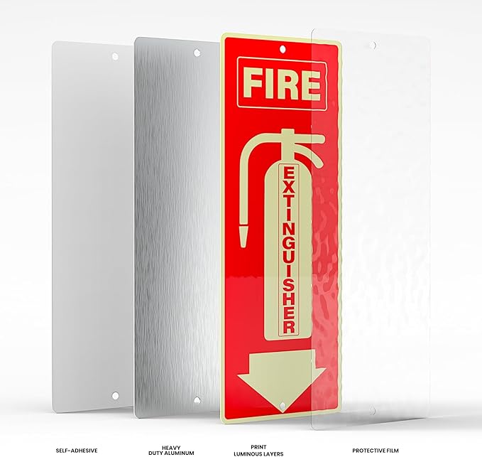 6 Pack Fire Extinguisher Signs 10 × 4 Inches Glow in the Dark Aluminum Sign Waterproof UV Protected Fade Resistance Signage for Home Office Business