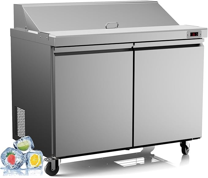 48“ Commercial Refrigerator Sandwich&Salad Prep Table Fridge with 12 Pans 2 Door Stainless Steel Counter Fan Cooling Refrigerators