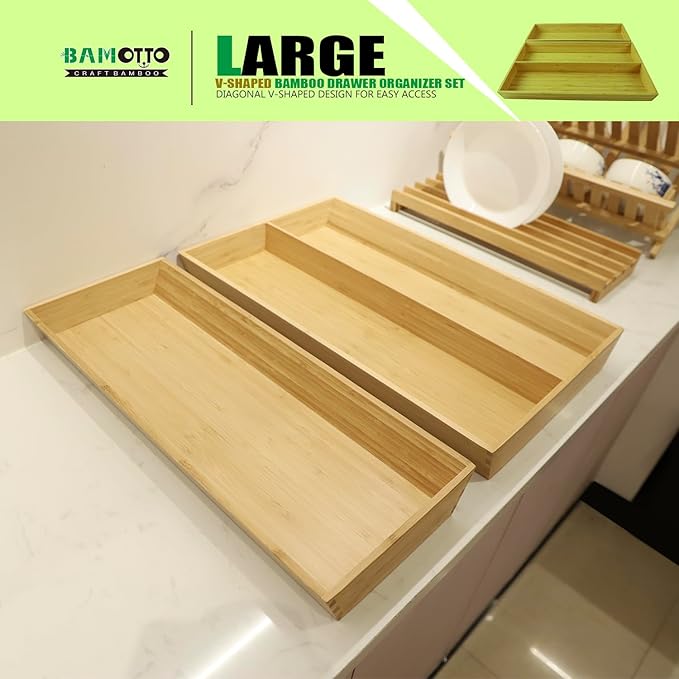 V-Shaped 2-Pack 19.6" Long Bamboo Drawer Organizer Box - Easy Reach Kitchen Utensil Flatware Silverware Cooking Tools Storage for Home Bedroom Bathroom (19.6"x12.4"/19.6"x7.8")