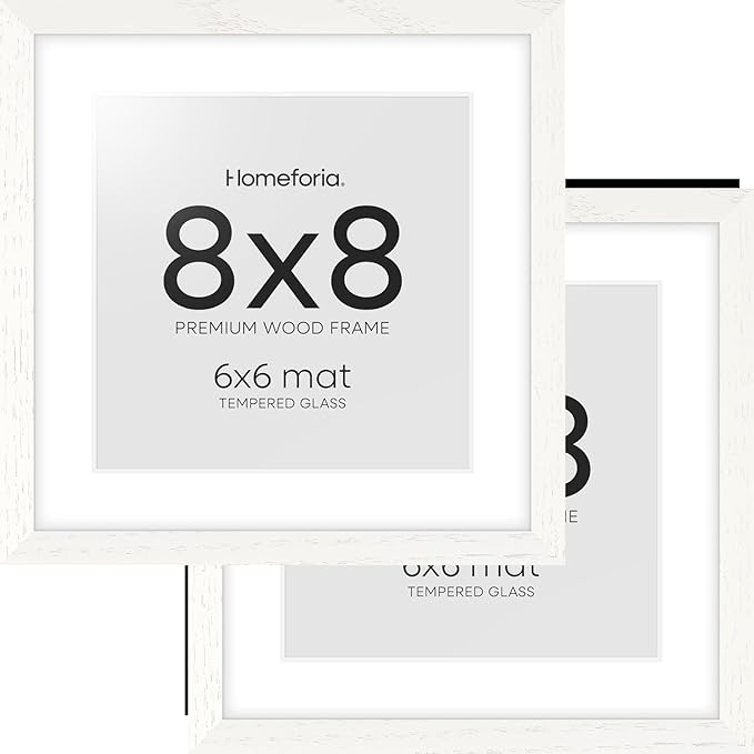 Homeforia 8x8 Picture Frames White, High-End Oak 8 x 8 Square Wood Frame with Mat 6 by 6 Photo, 8x8 Wooden Frames Matted to 6x6 Print, 8by8 Wall or Tabletop Frame, Tempered Glass, Wall Kit, Set of 2