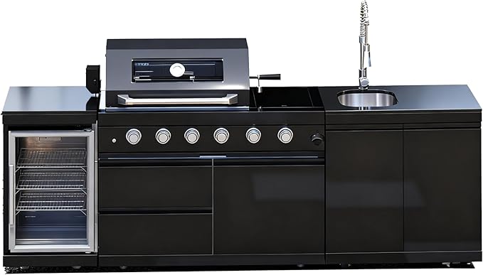 98-Inch Modular Natural Gas Outdoor Kitchen Island with Grill, All-in-One Patio Cooking Station with BBQ Grill, Refrigerator, Sink & Storage