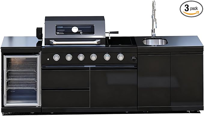 98-Inch Modular Propane-Powered Outdoor Kitchen Island, All-in-One Patio Cooking Station with BBQ Grill, Refrigerator, Sink & Storage