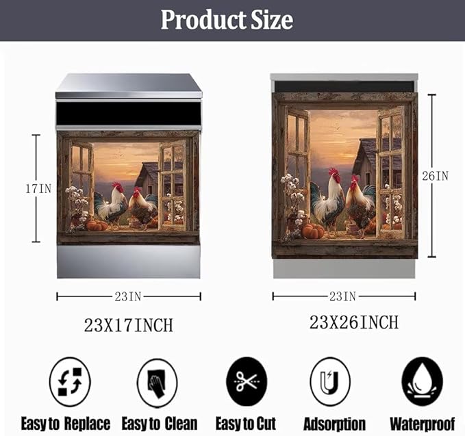 Farm Rooster Magnet Dishwasher Covers, Country Chicken Dishwasher Magnet Cover for Front, Hen Fridge Decal Cotton Flower Magnetic Refrigerator Sticker Kitchen Decorative, 23"X17"