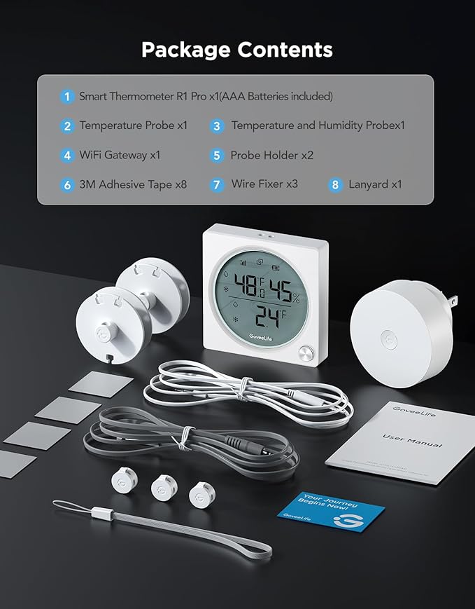 GoveeLife Upgraded WiFi Freezer Temperature Pro with Alarm, Wireless Digital Refrigerator Thermometer Hygrometer with App Email Notification, LCD Display, Free Data Export, for Fridge Kitchen Farming