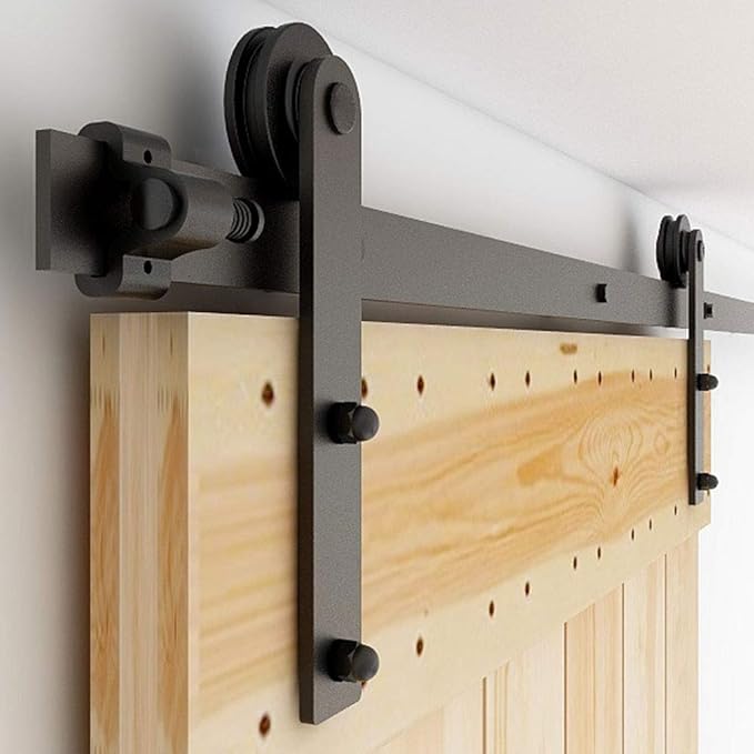 CCJH 15FT Single Sliding Barn Door Hardware Kit Black Carbon Steel Hanger Flat Track System for Closet Kitchen 1 Door 90 inch Wide, Smoothly and Quietly I Shape Roller