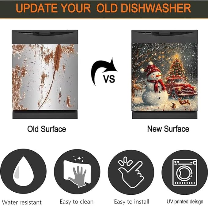 Christmas Snowman Dishwasher Magnet Cover, Winter Deer Dishwasher Cover Panel Decal for Front, Red Truck Magnetic Refrigerator Magnets Holiday Decor Kitchen Appliance Sticker, 26"x26"