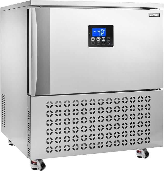 VEVOR 114 L Blast Chiller, 5 Trays Commercial Flash Freezers, <-31~68°F> 4 Modes Chest Shock Frozen, 304 Stainless Steel Flash Freezer, 360° Defrost Blast Chiller with Caster for Seafood, Ice Cream