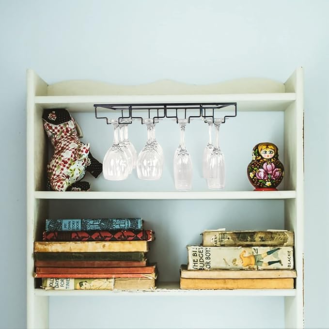 4 Rows Wine Glass Rack Under Cabinet Hanging Stemware Wine Glass Holder Under Shelf, 2 Packs Wire Wine Glasses Racks Hanger for Bar, Kitchen