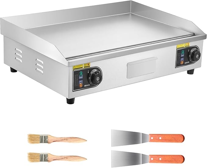 VEVOR Commercial Electric Griddle, 28.54 x 15.75 in, 2800W, 122-570°F Adjustable Temp Control, Stainless Steel Countertop Flat Top Grill with 2 Spatulas, 2 Brushes, 4 Foot Pads, for Steak(NO PLUG)