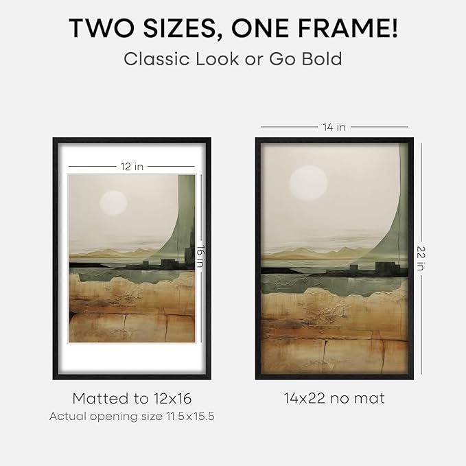 Homeforia 14x22 Frame Black Wood, High End Oak 14x22 Picture Frames with Mat 12x16 Photo, 14 x 22 Wooden Poster Frame Matted to 12 by 16 Print, 22x14 Hanging Frames, Tempered Glass, Wall Kit, Set of 2