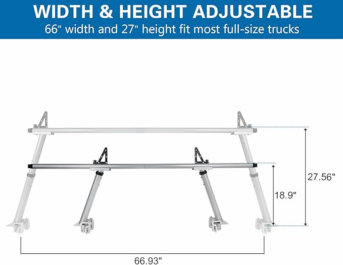 Non-Drilling Aluminum Truck Rack, Heavy Duty Width and Height Extendable Truck Bed Ladder Rack, Fit for Max 66" Wide Truck Bed, 600 lb. Capacity