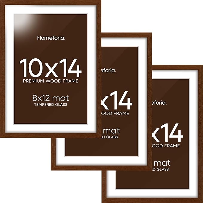 Homeforia 10x14 Brown Picture Frame, High End Dark Oak 10x14 Walnut Poster Frame with Mat 8x12, 10 x 14 Wooden Frame Matted to 8 by 12 inch Photo, 14x10 Thin Frames, Tempered Glass, Wall Kit, Set of 3