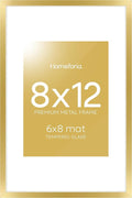 Homeforia 8x12 Picture Frame Gold, High End Metal 8 x 12 Poster Frames with Mat 6 by 8 for Photo, 12x8 Frame Matted to 6x8 inch Print, 8by12 Wall or Tabletop Frames, Tempered Glass, Wall Kit, Set of 1