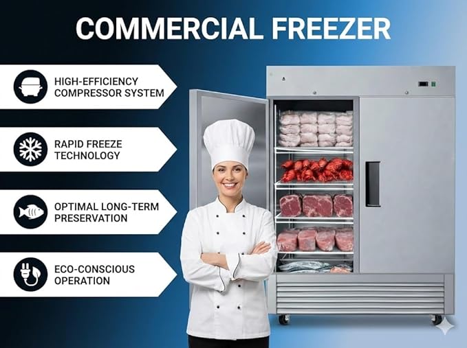 Commercial Freezer 2-Doors Solid Upright Reach in Two Section Stainless Steel NSF Certified 54" Width, Capacity 47Cuft, Restaurant Quality Kitchen -8°F Cold AKF-13781