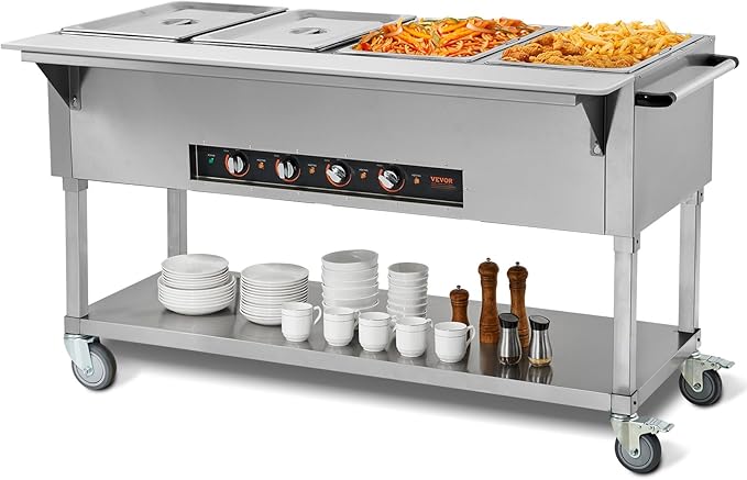 VEVOR Commercial Food Warmer, 2000W Electric Steam Table with 4 x 20.6QT Pans, Versatile Food-Grade Stainless Steel Server with Countertop & Shelf, Movable Buffet Catering Warmer for Party Restaurant