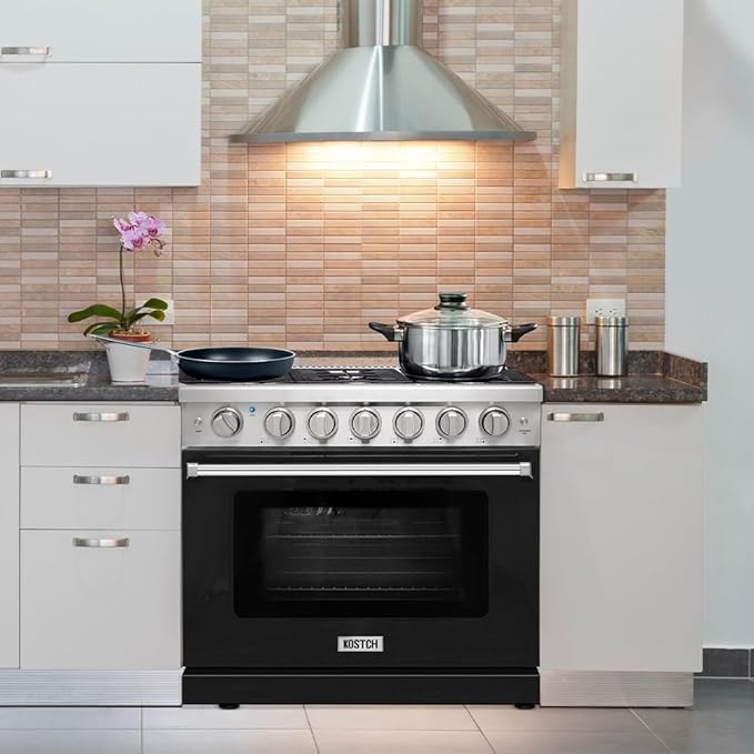 KOSTCH 36 inch Professional Freestanding Pro-Style Natural Gas Range or Liquid Propane Gas Range with 6 Burners, 6.0 cu.ft. Oven Capacity, in Stainless Steel - KOS-36RG03M (Black)