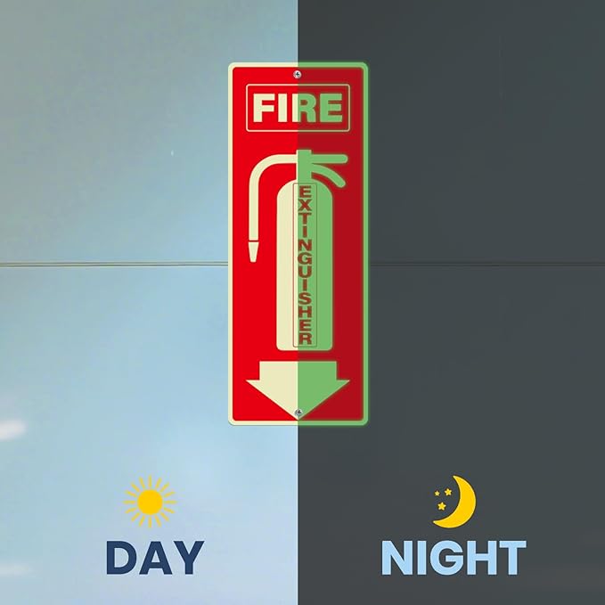 3 Pack Fire Extinguisher Signs 10 × 4 Inches Glow in the Dark Aluminum Sign Waterproof UV Protected Fade Resistance Signage for Home Office Business