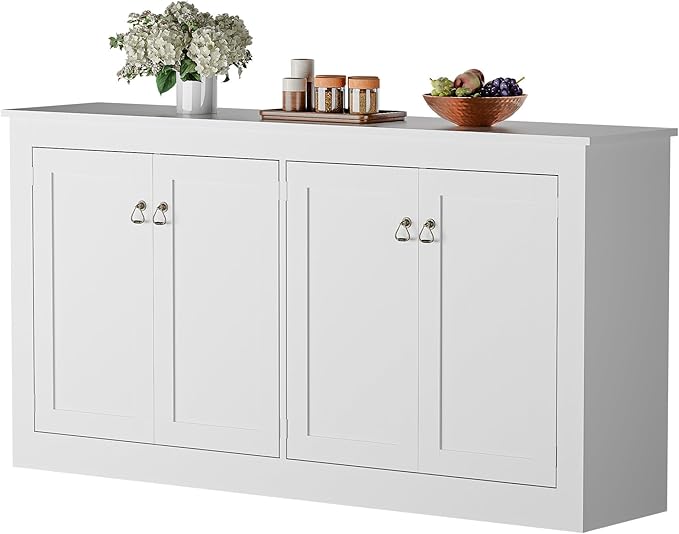 Cozy Castle Buffet Cabinet with Storage - Kitchen Storage Cabinet Wood Console Table Coffee Bar Accent Cabinets for Living Room Dining Room Entryway White 57.5" W | with Storage, Coffee Bar, Accent Cabinets, for Living Room