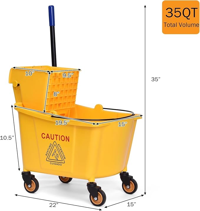 Mop Bucket, Commercial Bucket for Mopping on Wheels with Potable Handle, Mop Bucket with Wringer for Home, Household, Office, Bathroom, Yellow (34 Quarts)