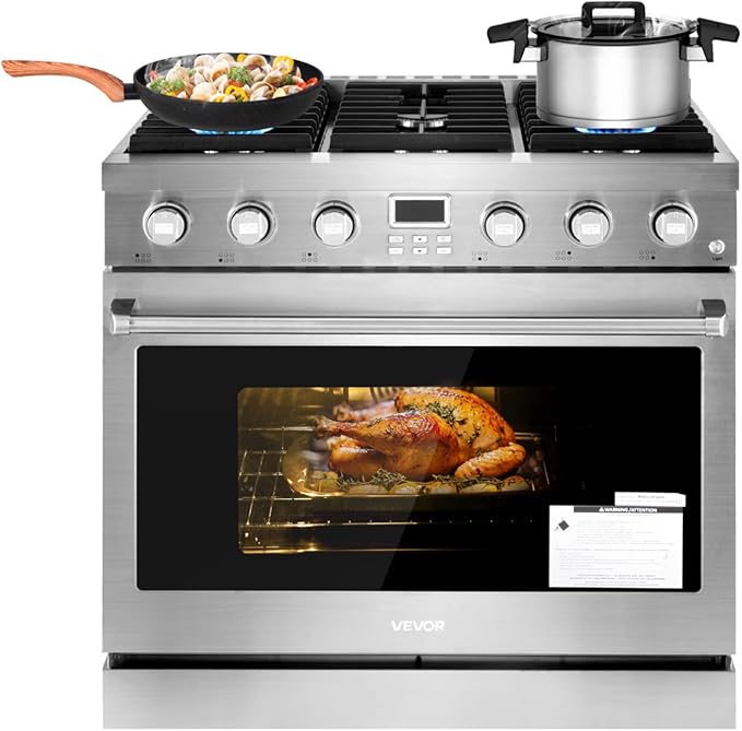 VEVOR Gas Range Oven, 36 Inches Width, Freestanding Stainless Steel Stove and Oven with 6 Sealed Cooktop Burners, Easy Reach Racks, Halogen Light, 6.0 Cu. Ft. Capacity, for Home Apartment Kitchen